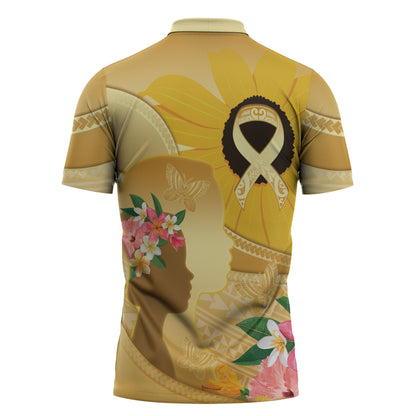 Polynesia Childhood Cancer Support Zipper Polo Shirt Be Bold Go Gold Polynesian Art