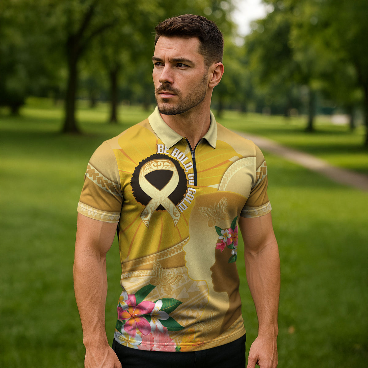Polynesia Childhood Cancer Support Zipper Polo Shirt Be Bold Go Gold Polynesian Art