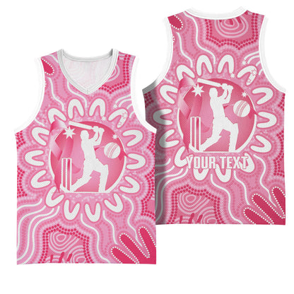 Australia Cricket Breast Cancer Personalised Basketball Jersey Pink Ribbon Aboriginal Art