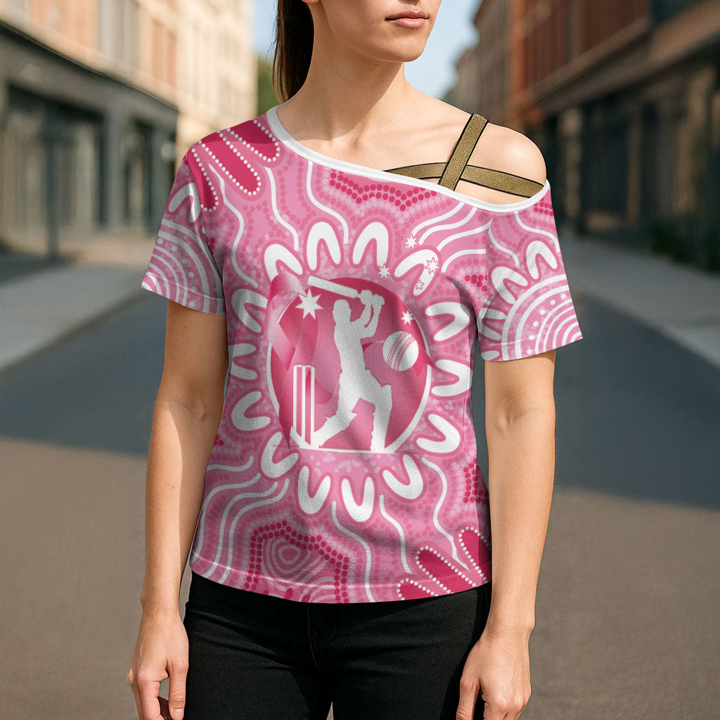 Australia Cricket Breast Cancer Personalised Cross Shoulder Shirt Pink Ribbon Aboriginal Art