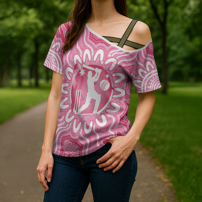 Australia Cricket Breast Cancer Personalised Cross Shoulder Shirt Pink Ribbon Aboriginal Art