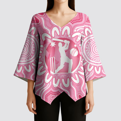 Australia Cricket Breast Cancer Personalised Kimono Sleeve Blouse Pink Ribbon Aboriginal Art