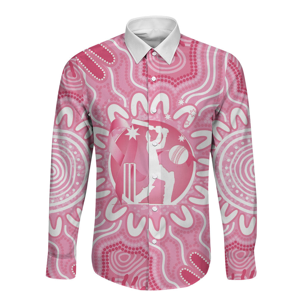 Australia Cricket Breast Cancer Personalised Long Sleeve Button Shirt Pink Ribbon Aboriginal Art