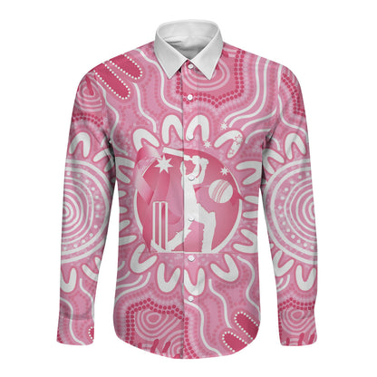 Australia Cricket Breast Cancer Personalised Long Sleeve Button Shirt Pink Ribbon Aboriginal Art