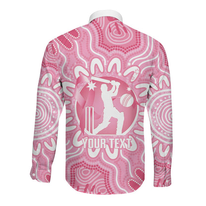 Australia Cricket Breast Cancer Personalised Long Sleeve Button Shirt Pink Ribbon Aboriginal Art