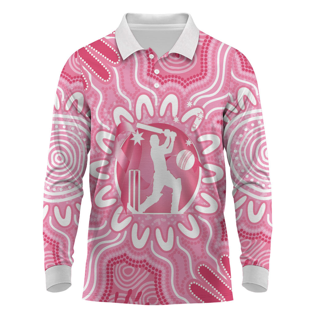 Australia Cricket Breast Cancer Personalised Long Sleeve Polo Shirt Pink Ribbon Aboriginal Art