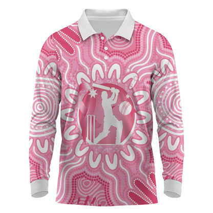 Australia Cricket Breast Cancer Personalised Long Sleeve Polo Shirt Pink Ribbon Aboriginal Art