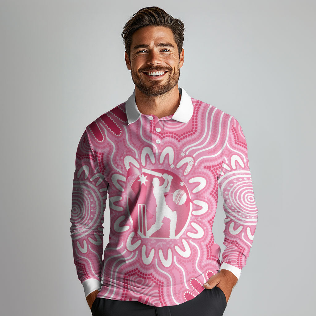 Australia Cricket Breast Cancer Personalised Long Sleeve Polo Shirt Pink Ribbon Aboriginal Art