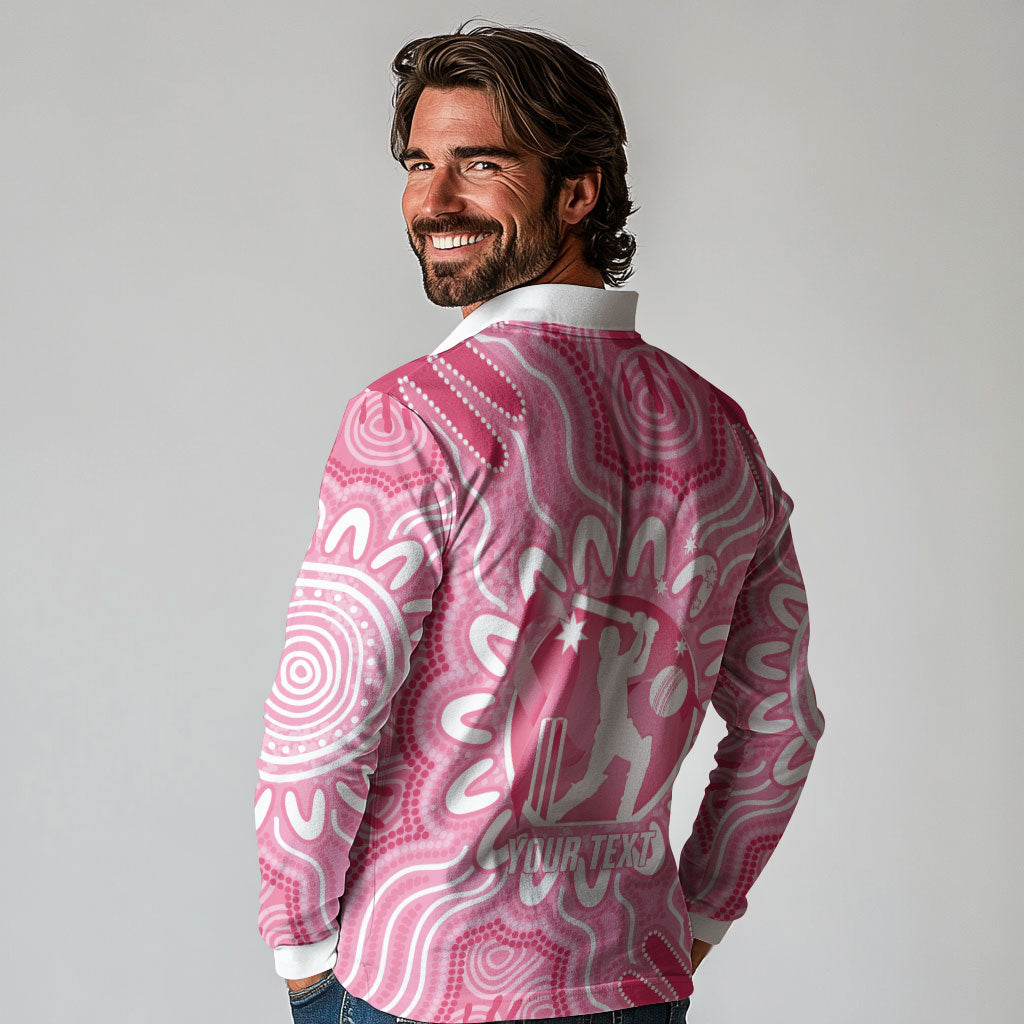 Australia Cricket Breast Cancer Personalised Long Sleeve Polo Shirt Pink Ribbon Aboriginal Art
