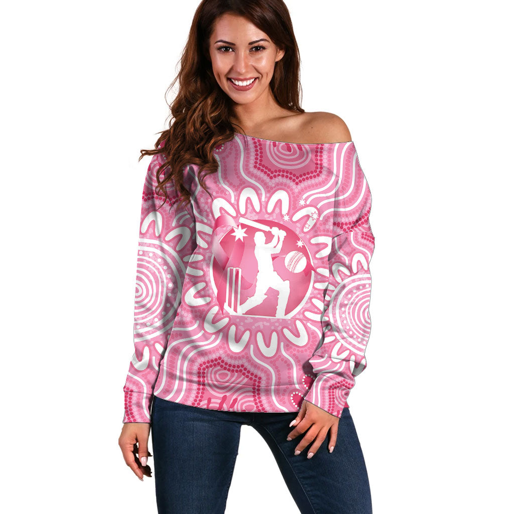 Australia Cricket Breast Cancer Personalised Off Shoulder Sweater Pink Ribbon Aboriginal Art