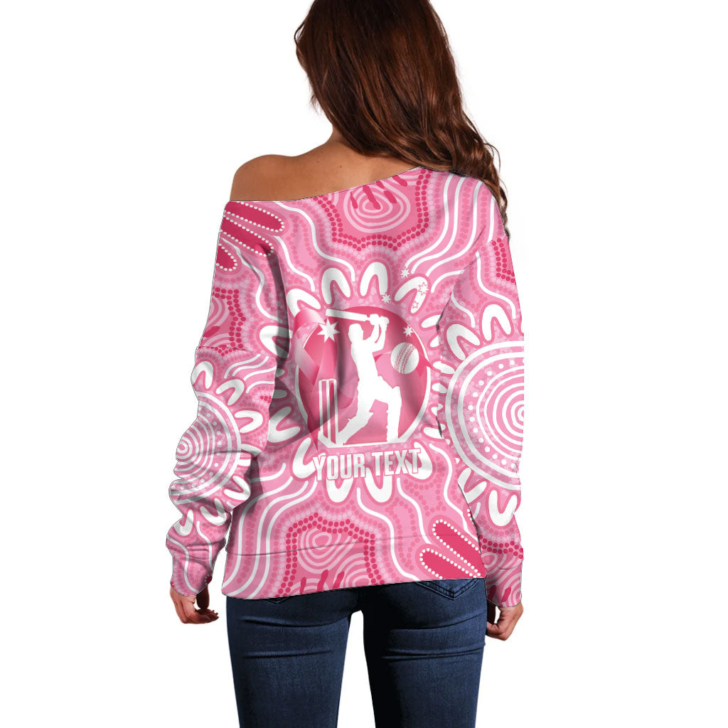 Australia Cricket Breast Cancer Personalised Off Shoulder Sweater Pink Ribbon Aboriginal Art