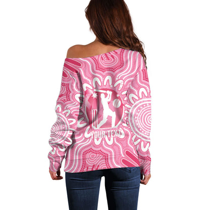 Australia Cricket Breast Cancer Personalised Off Shoulder Sweater Pink Ribbon Aboriginal Art
