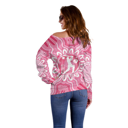 Australia Cricket Breast Cancer Personalised Off Shoulder Sweater Pink Ribbon Aboriginal Art