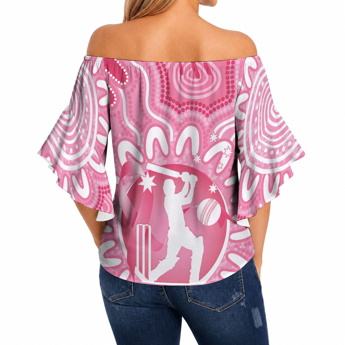 Australia Cricket Breast Cancer Personalised Off Shoulder Wrap Waist Top Pink Ribbon Aboriginal Art