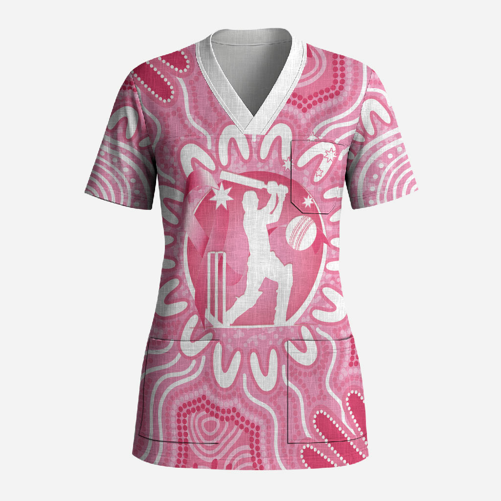 Australia Cricket Breast Cancer Personalised Scrub Top Pink Ribbon Aboriginal Art