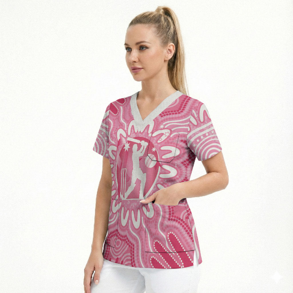 Australia Cricket Breast Cancer Personalised Scrub Top Pink Ribbon Aboriginal Art