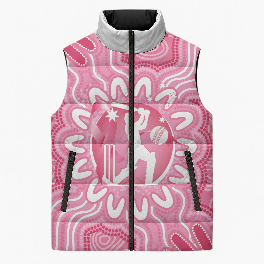Australia Cricket Breast Cancer Personalised Sleeveless Puffer Jacket Pink Ribbon Aboriginal Art