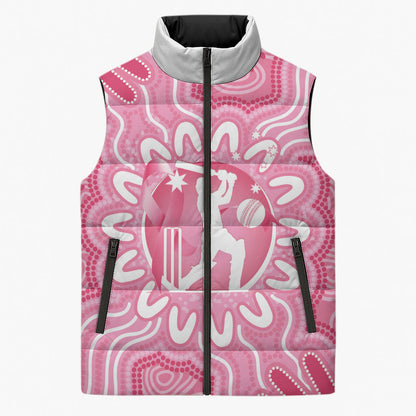 Australia Cricket Breast Cancer Personalised Sleeveless Puffer Jacket Pink Ribbon Aboriginal Art