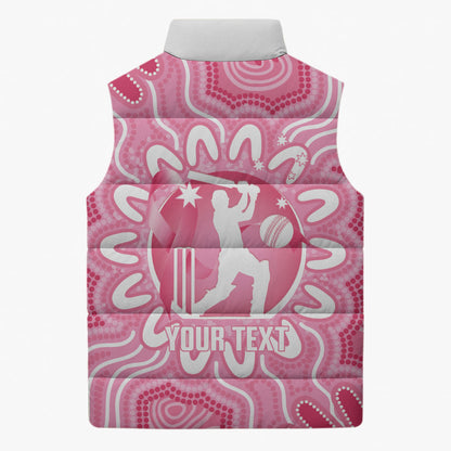 Australia Cricket Breast Cancer Personalised Sleeveless Puffer Jacket Pink Ribbon Aboriginal Art