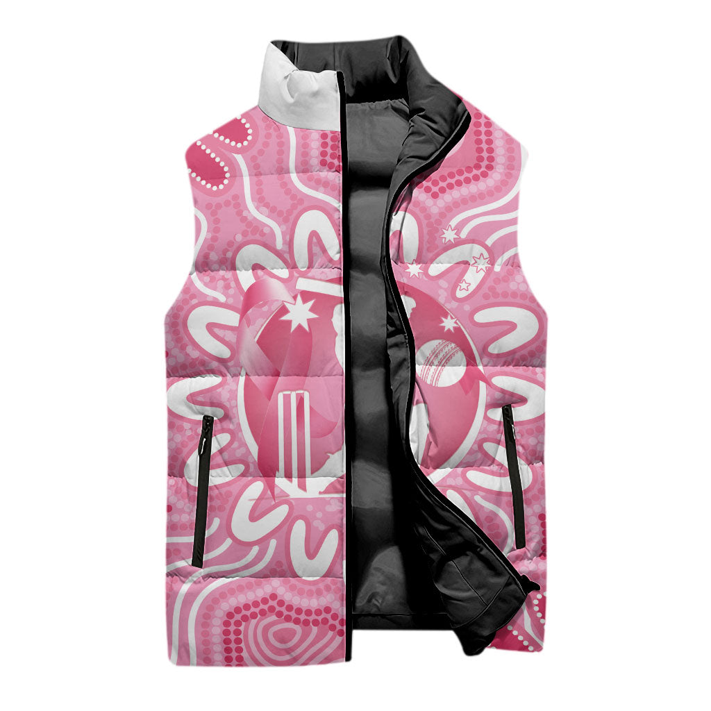 Australia Cricket Breast Cancer Personalised Sleeveless Puffer Jacket Pink Ribbon Aboriginal Art