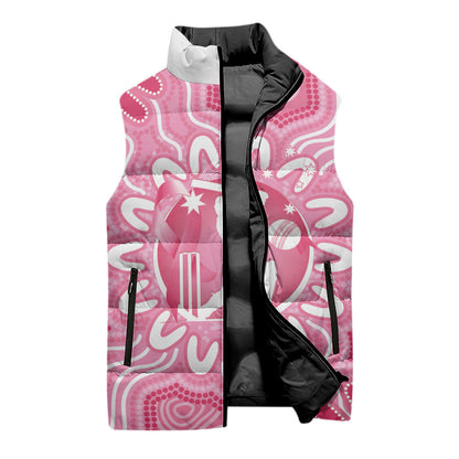 Australia Cricket Breast Cancer Personalised Sleeveless Puffer Jacket Pink Ribbon Aboriginal Art