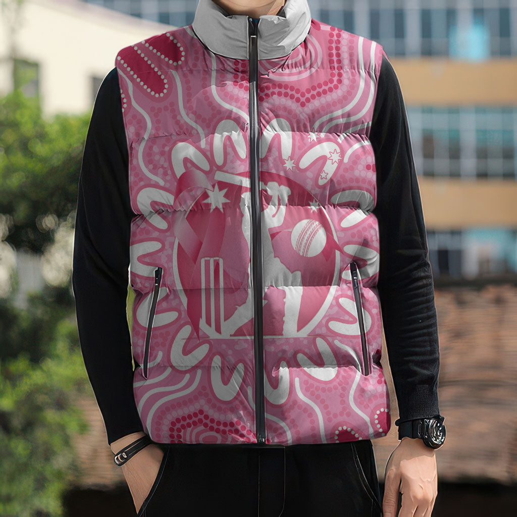 Australia Cricket Breast Cancer Personalised Sleeveless Puffer Jacket Pink Ribbon Aboriginal Art
