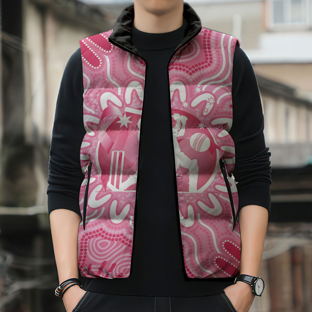 Australia Cricket Breast Cancer Personalised Sleeveless Puffer Jacket Pink Ribbon Aboriginal Art