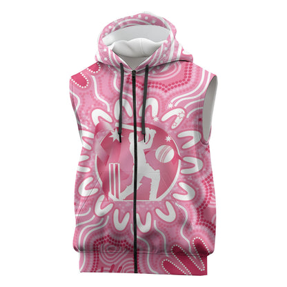 Australia Cricket Breast Cancer Personalised Sleeveless Zip Hoodie Pink Ribbon Aboriginal Art