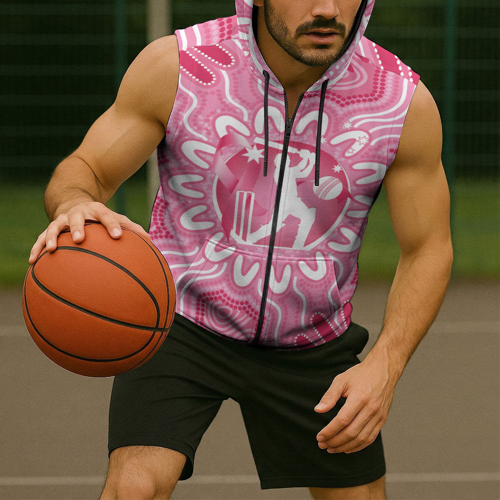 Australia Cricket Breast Cancer Personalised Sleeveless Zip Hoodie Pink Ribbon Aboriginal Art