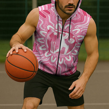 Australia Cricket Breast Cancer Personalised Sleeveless Zip Hoodie Pink Ribbon Aboriginal Art
