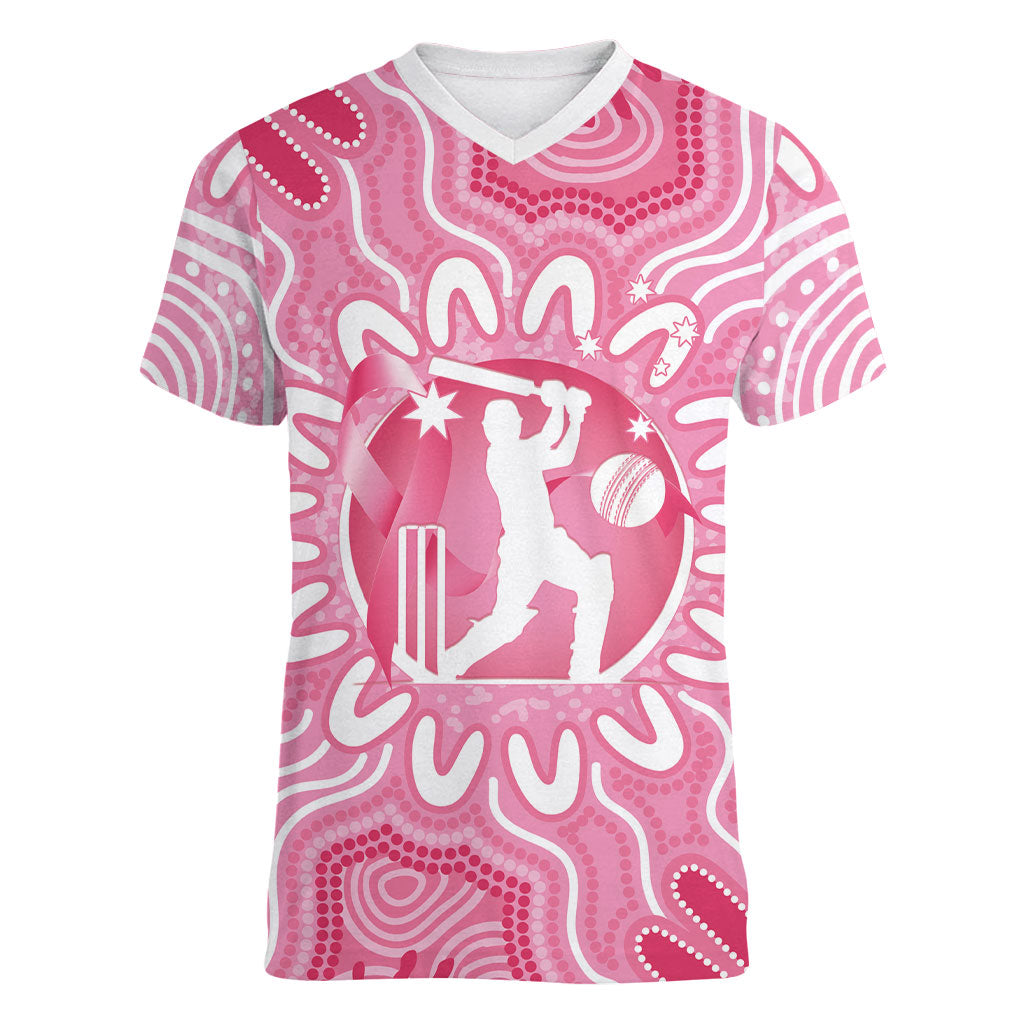 Australia Cricket Breast Cancer Personalised Women V-Neck T-Shirt Pink Ribbon Aboriginal Art
