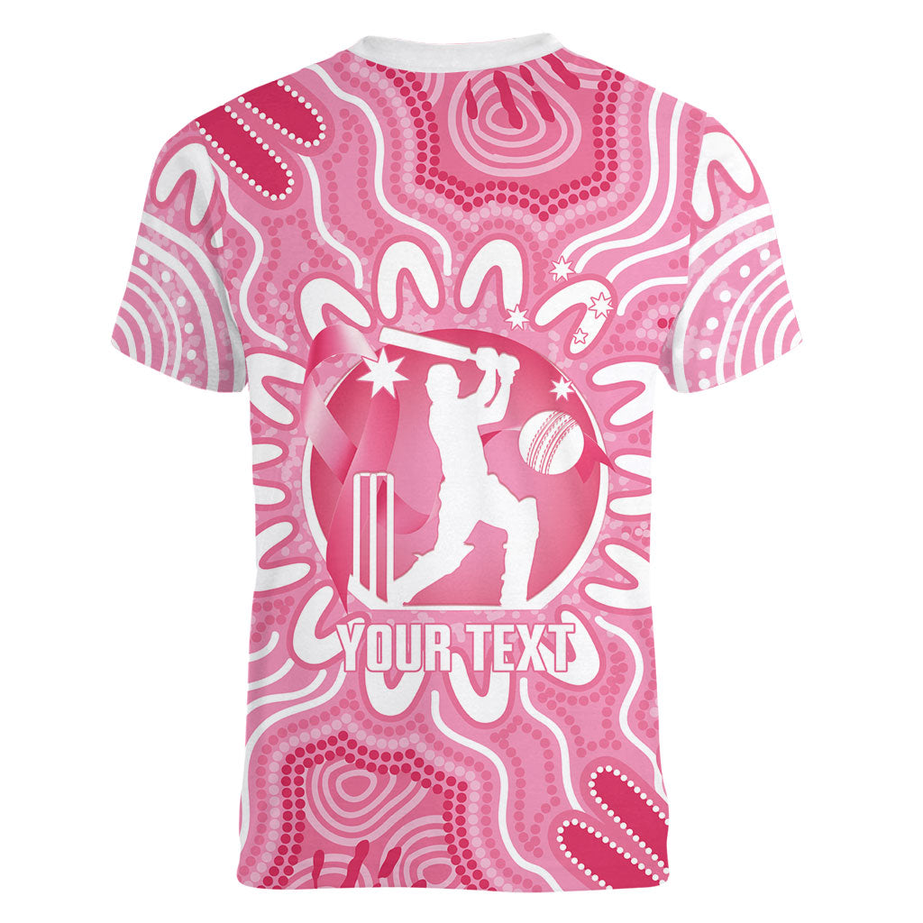 Australia Cricket Breast Cancer Personalised Women V-Neck T-Shirt Pink Ribbon Aboriginal Art