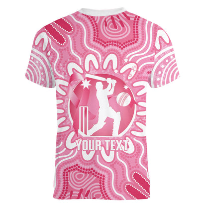 Australia Cricket Breast Cancer Personalised Women V-Neck T-Shirt Pink Ribbon Aboriginal Art