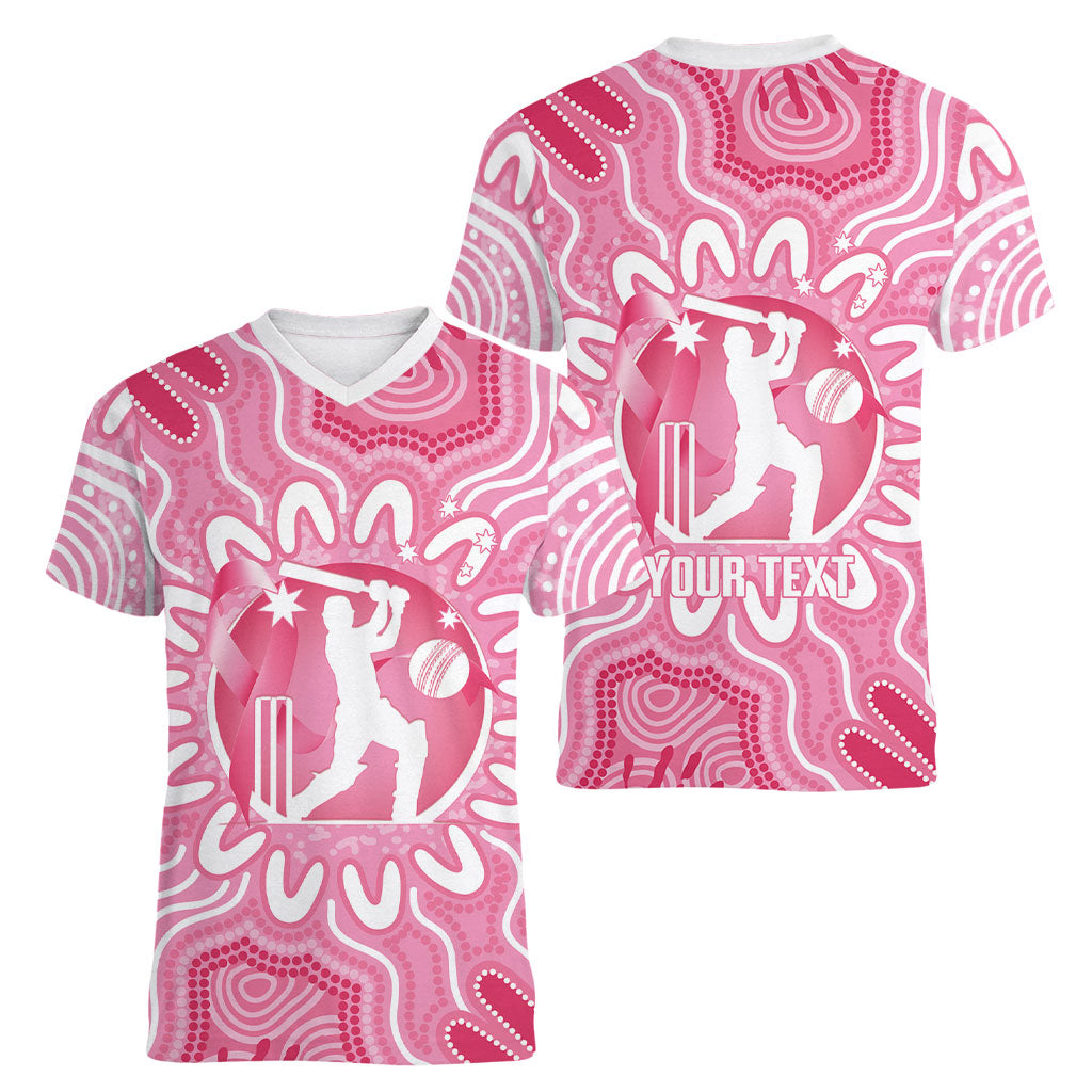 Australia Cricket Breast Cancer Personalised Women V-Neck T-Shirt Pink Ribbon Aboriginal Art