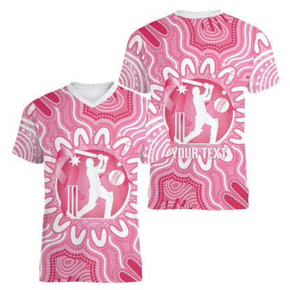 Australia Cricket Breast Cancer Personalised Women V-Neck T-Shirt Pink Ribbon Aboriginal Art