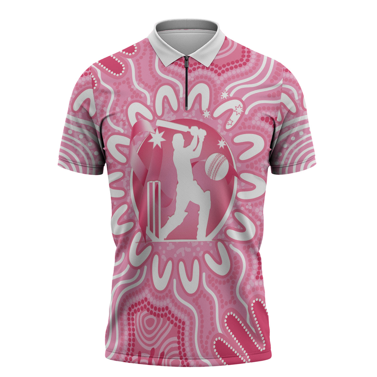 Australia Cricket Breast Cancer Personalised Zipper Polo Shirt Pink Ribbon Aboriginal Art