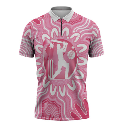 Australia Cricket Breast Cancer Personalised Zipper Polo Shirt Pink Ribbon Aboriginal Art