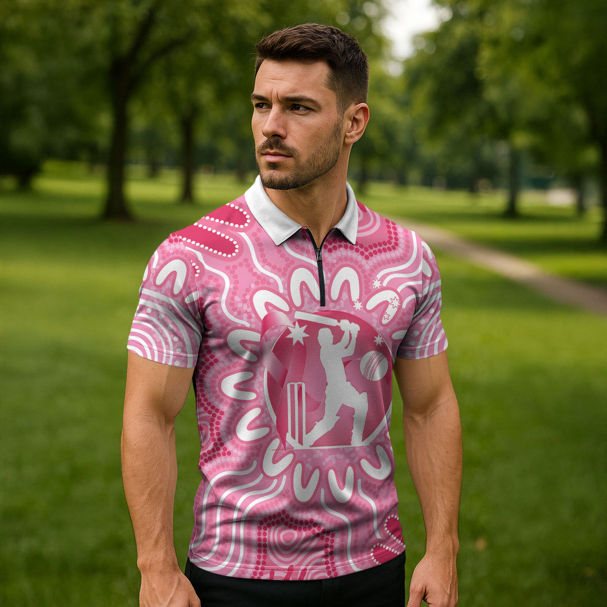 Australia Cricket Breast Cancer Personalised Zipper Polo Shirt Pink Ribbon Aboriginal Art