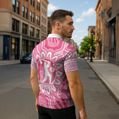 Australia Cricket Breast Cancer Personalised Zipper Polo Shirt Pink Ribbon Aboriginal Art