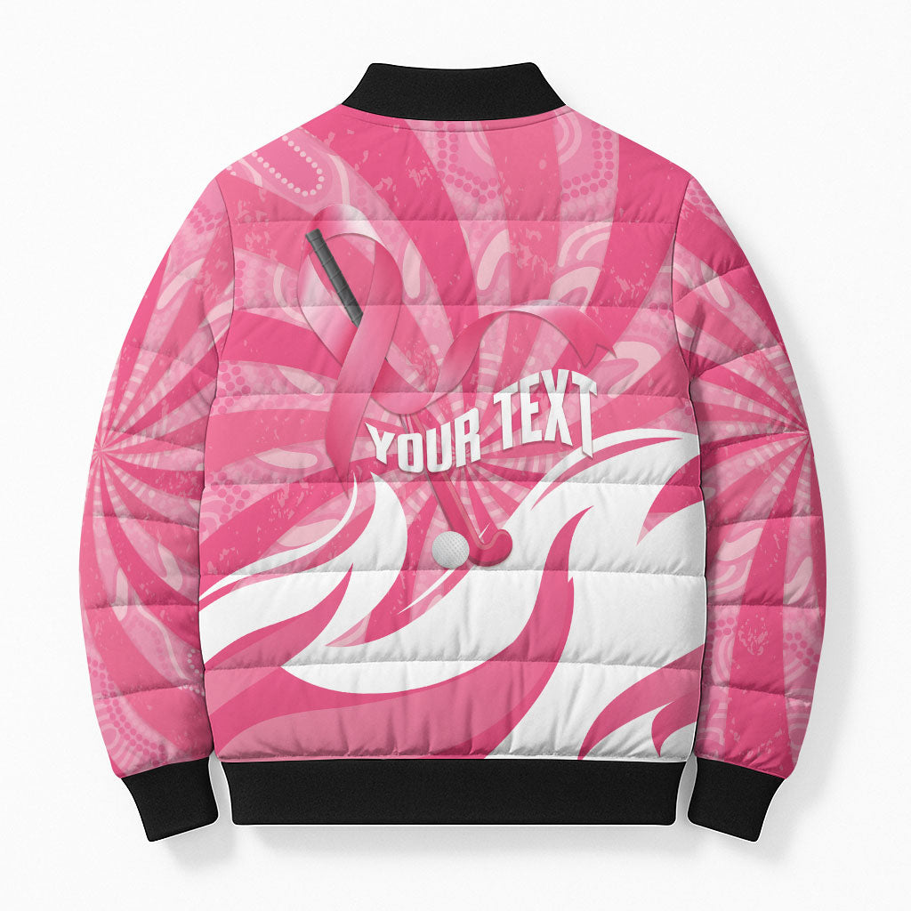 Australia Field Hockey Breast Cancer Personalised Bomber Puffer Jacket Think Pink Ribbon Aboriginal Art
