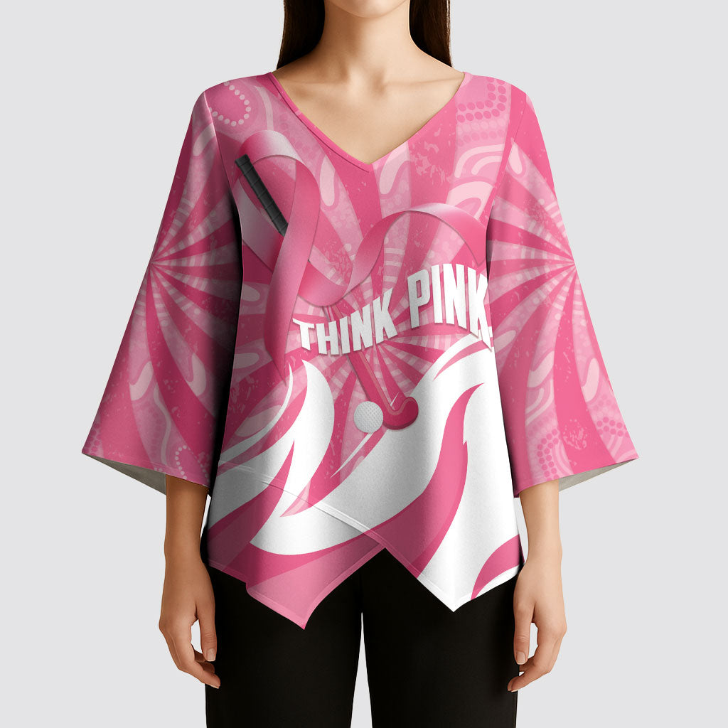 Australia Field Hockey Breast Cancer Personalised Kimono Sleeve Blouse Think Pink Ribbon Aboriginal Art