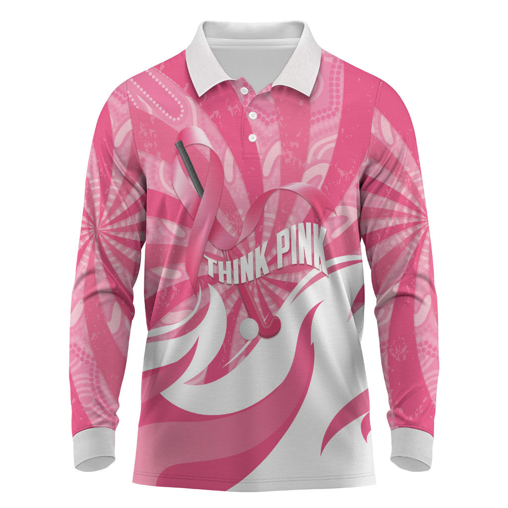 Australia Field Hockey Breast Cancer Personalised Long Sleeve Polo Shirt Think Pink Ribbon Aboriginal Art