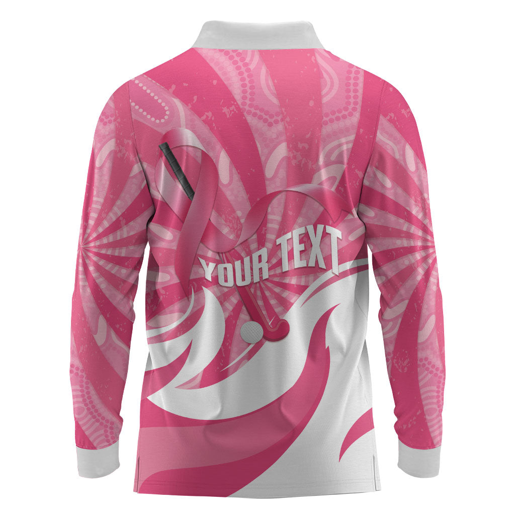Australia Field Hockey Breast Cancer Personalised Long Sleeve Polo Shirt Think Pink Ribbon Aboriginal Art