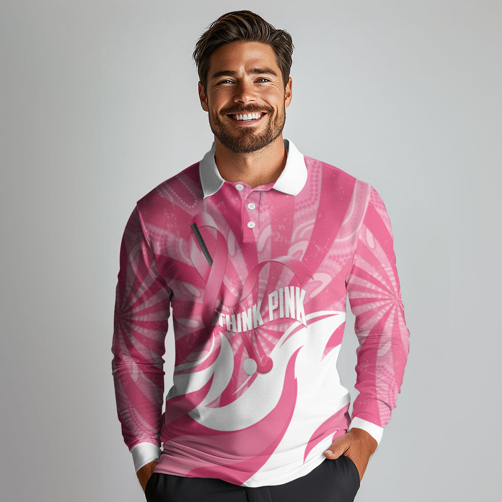 Australia Field Hockey Breast Cancer Personalised Long Sleeve Polo Shirt Think Pink Ribbon Aboriginal Art