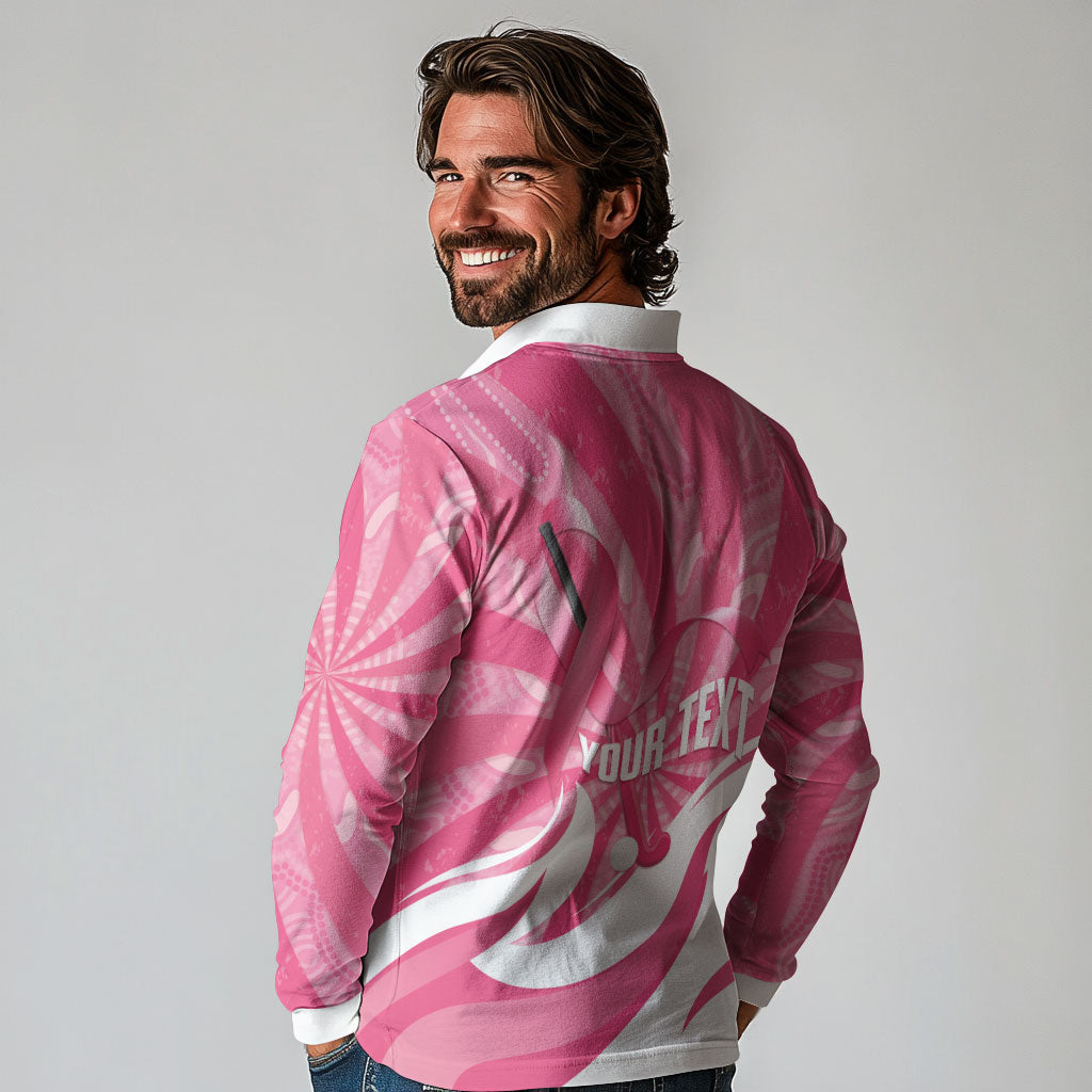 Australia Field Hockey Breast Cancer Personalised Long Sleeve Polo Shirt Think Pink Ribbon Aboriginal Art