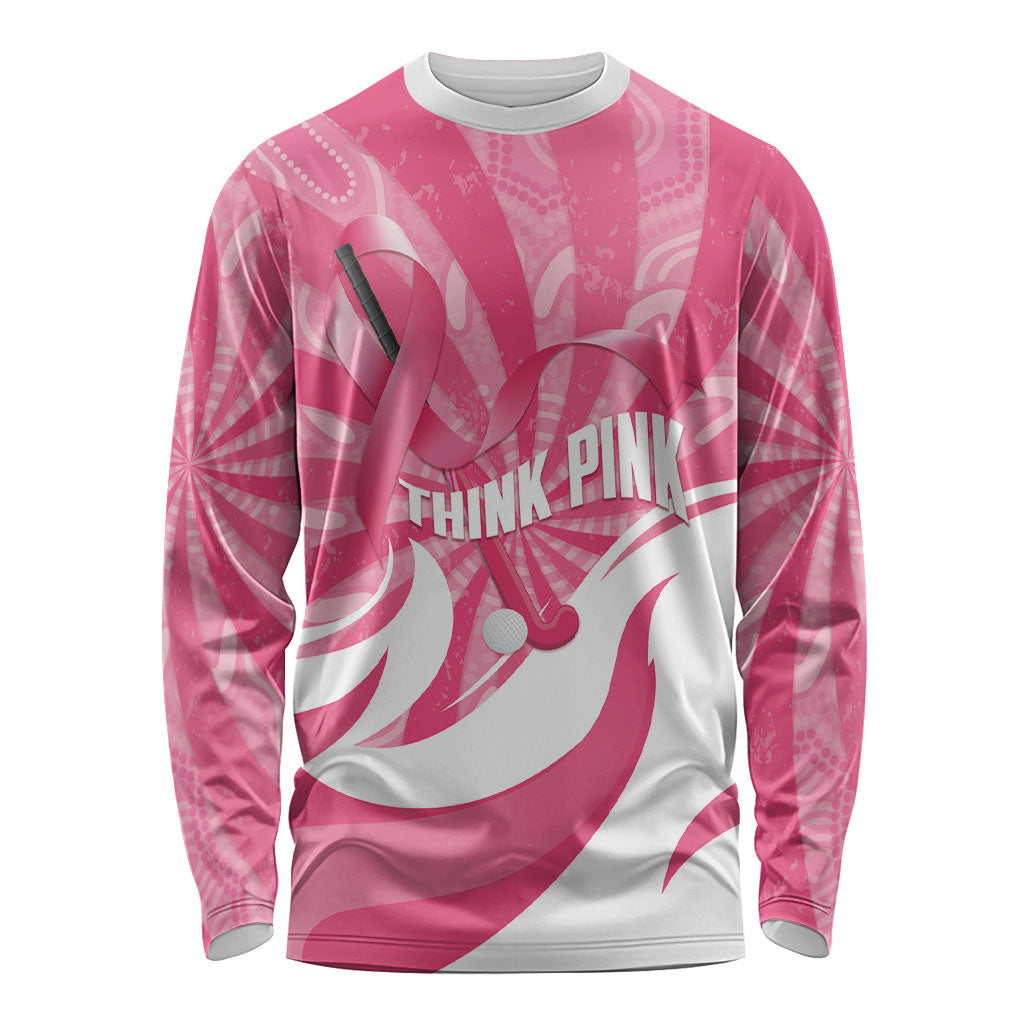 Australia Field Hockey Breast Cancer Personalised Long Sleeve Shirt Think Pink Ribbon Aboriginal Art