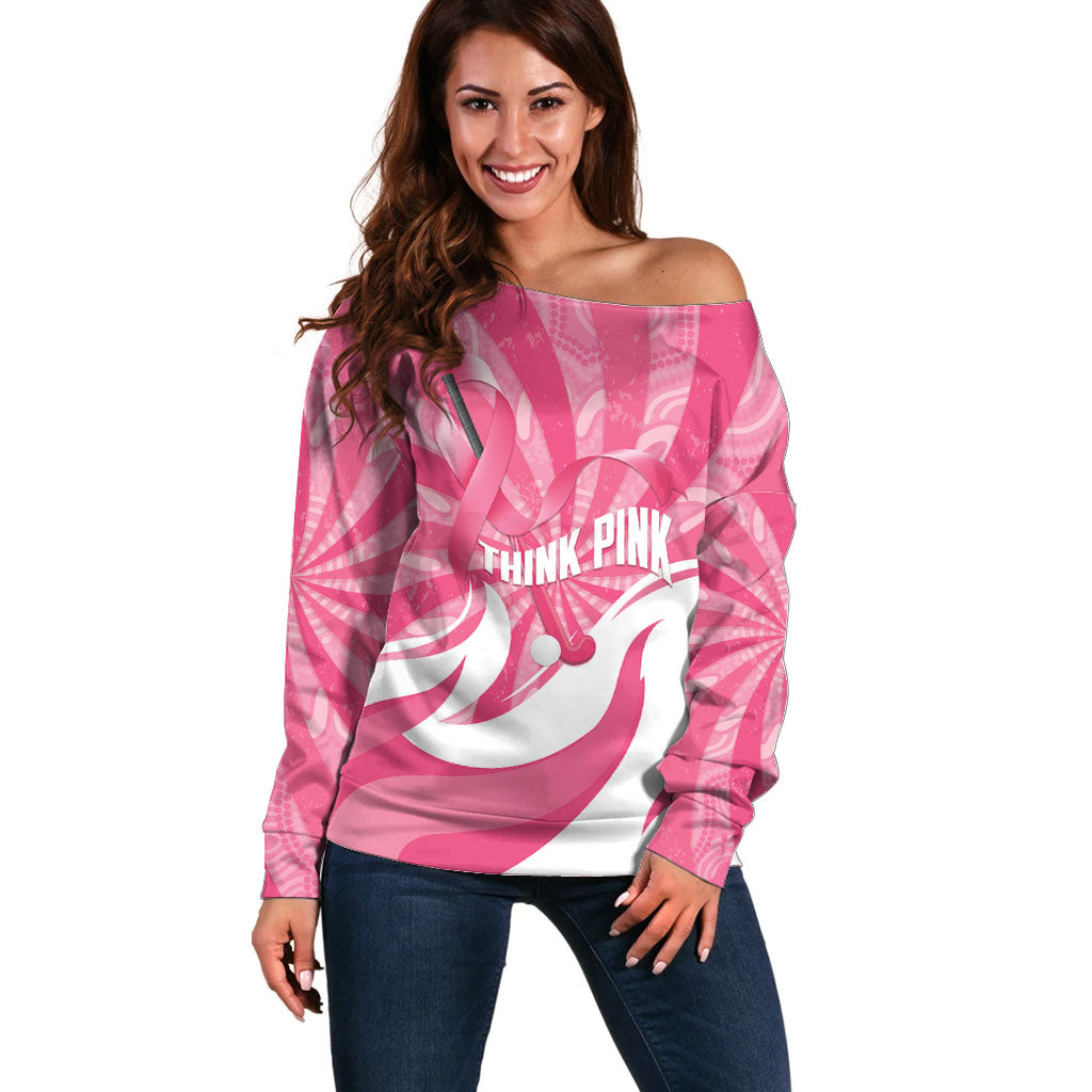 Australia Field Hockey Breast Cancer Personalised Off Shoulder Sweater Think Pink Ribbon Aboriginal Art