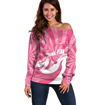 Australia Field Hockey Breast Cancer Personalised Off Shoulder Sweater Think Pink Ribbon Aboriginal Art