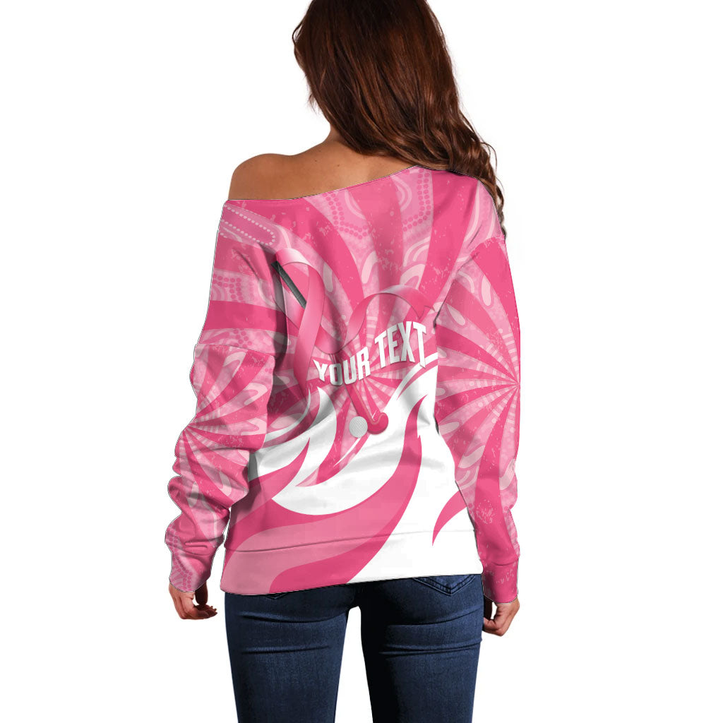 Australia Field Hockey Breast Cancer Personalised Off Shoulder Sweater Think Pink Ribbon Aboriginal Art