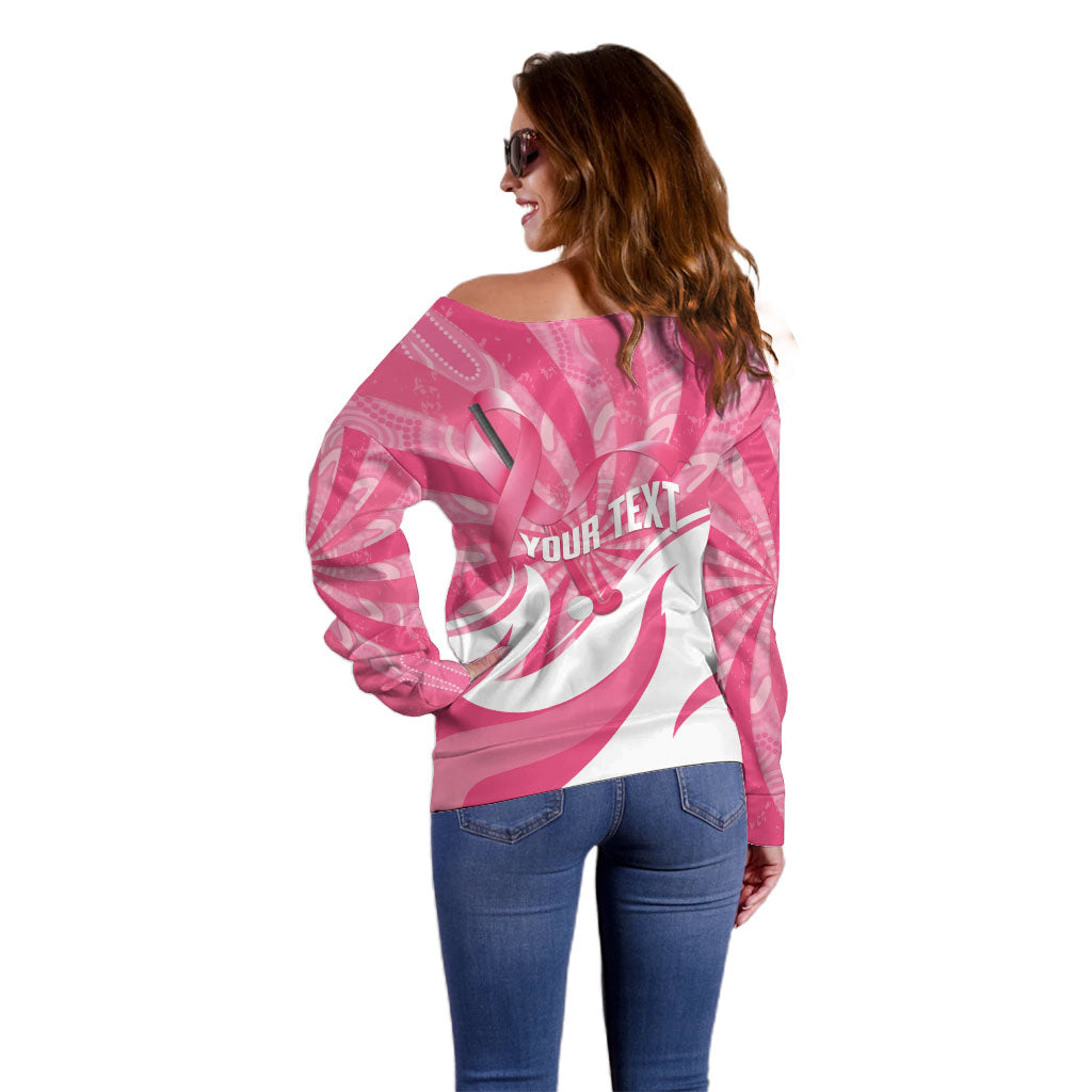 Australia Field Hockey Breast Cancer Personalised Off Shoulder Sweater Think Pink Ribbon Aboriginal Art